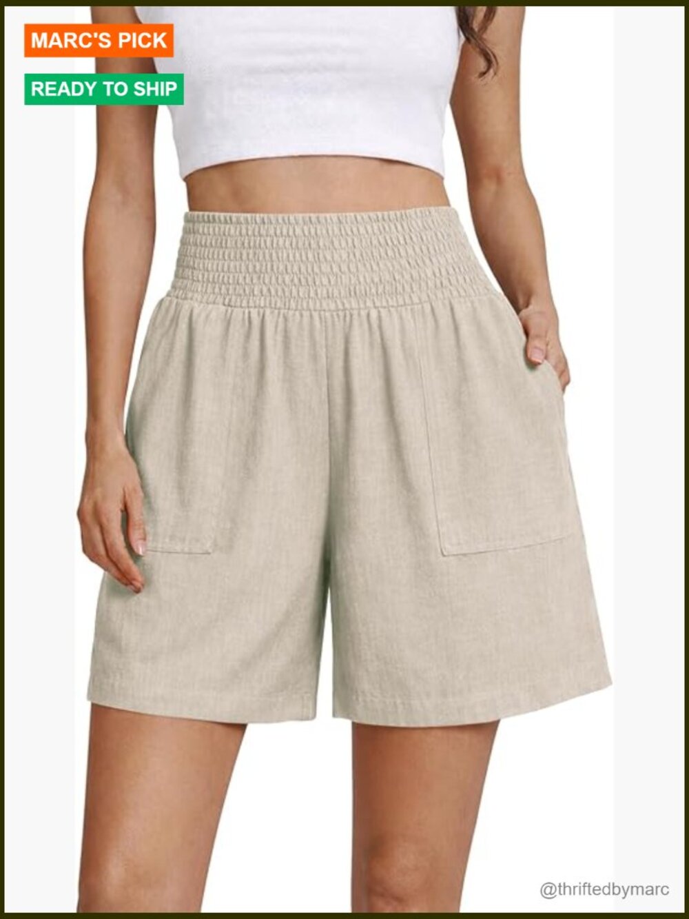 High Waisted Linen Blend Shorts Wide Leg Elastic Waist with Pockets